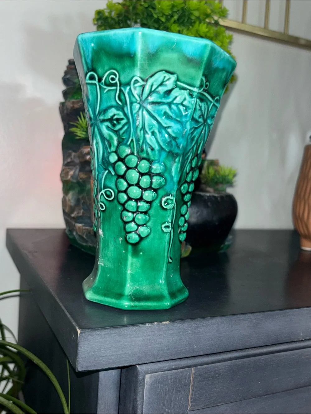 Cottagecore Green Ceramic Grape Relief Vase - Home Accents